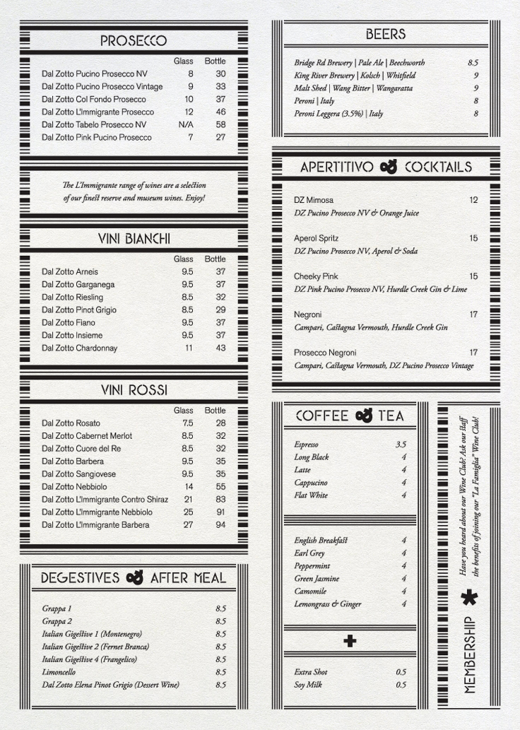 Dal Zotto Trattoria Drinks List